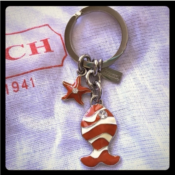 Coach Red Fish Starfish & Silver Hardware Keychain Key Chain Hangtag Bling - Picture 2 of 5